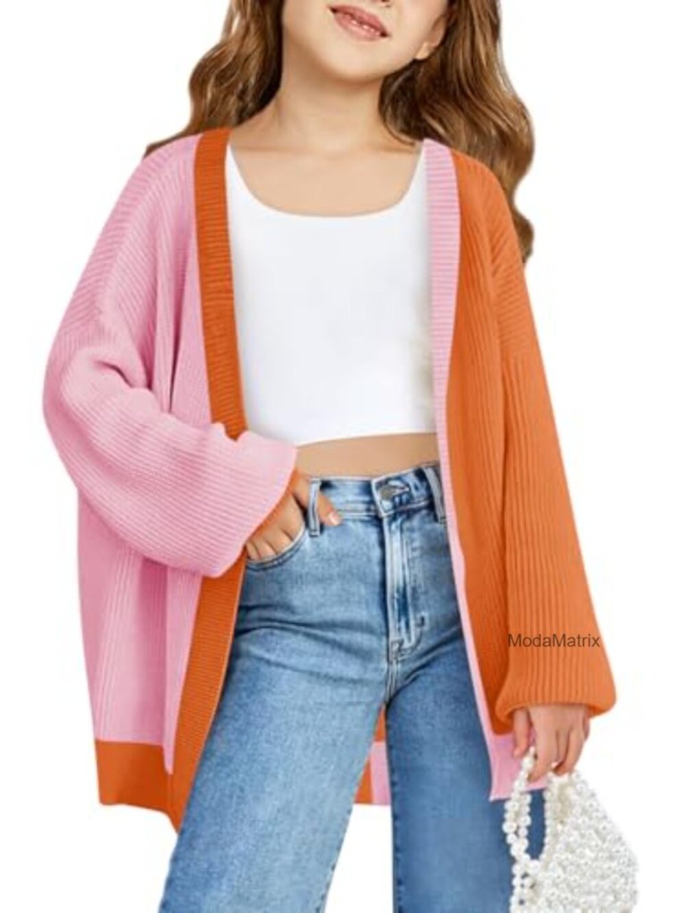 Girls Oversized Batwing Sleeve Cardigan Sweater Color Block Open Front